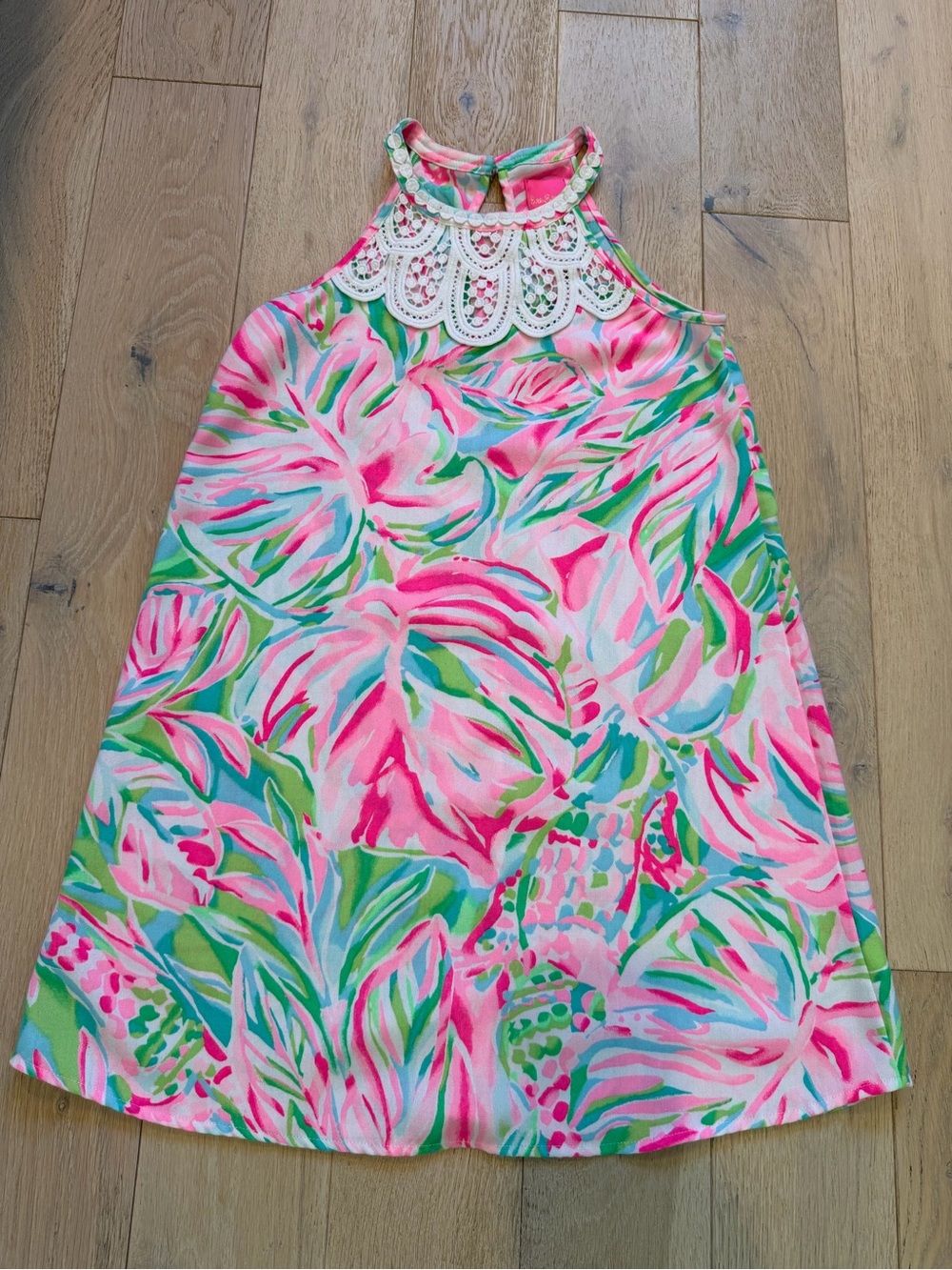 Lilly Pulitzer Girls Pink Green Tropical Halter Dress with Lace Yoke